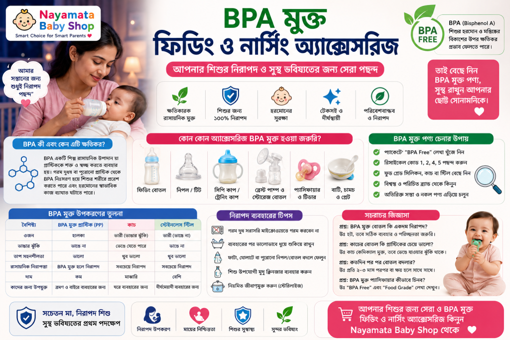 BPA মুক্ত ফিডিং বোতল ও নার্সিং অ্যাক্সেসরিজ হাতে ধরে থাকা মা