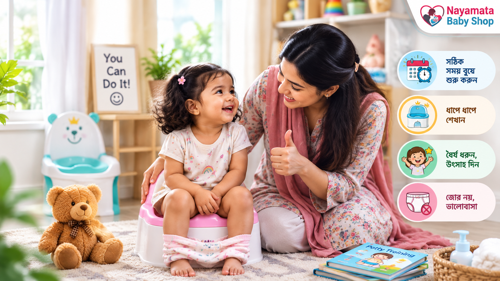 পটি ট্রেনিং শুরুর সঠিক সময়ে ছোট পটিতে বসে থাকা একটি শিশুকে উৎসাহ দিচ্ছেন তার মা