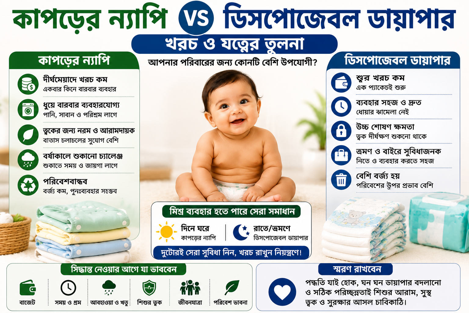 কাপড়ের ন্যাপি বনাম ডিসপোজেবল ডায়াপার পাশাপাশি রেখে তুলনা করছেন একজন মা