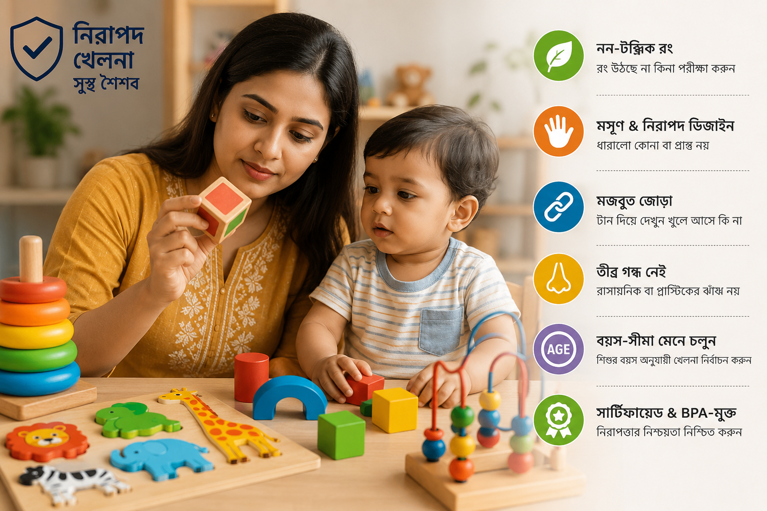 নিরাপদ এডুকেশনাল টয় হাতে নিয়ে যাচাই করছেন একজন মা