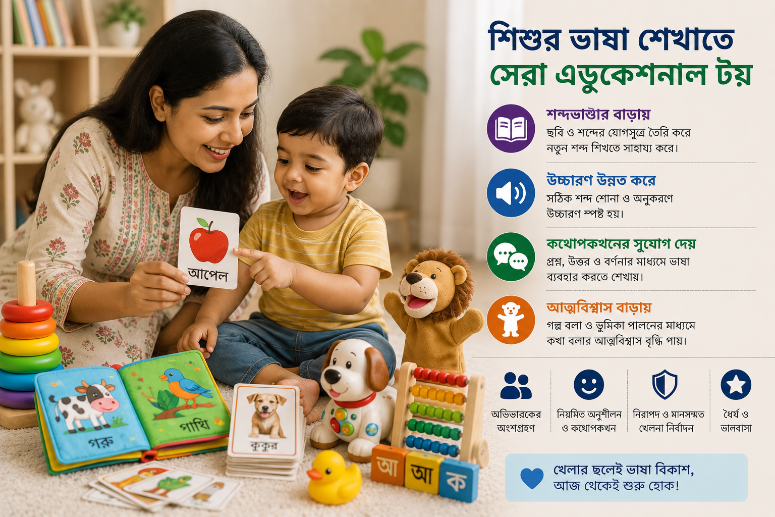 শব্দ শেখার বই ও খেলনা নিয়ে খেলছে একটি শিশু