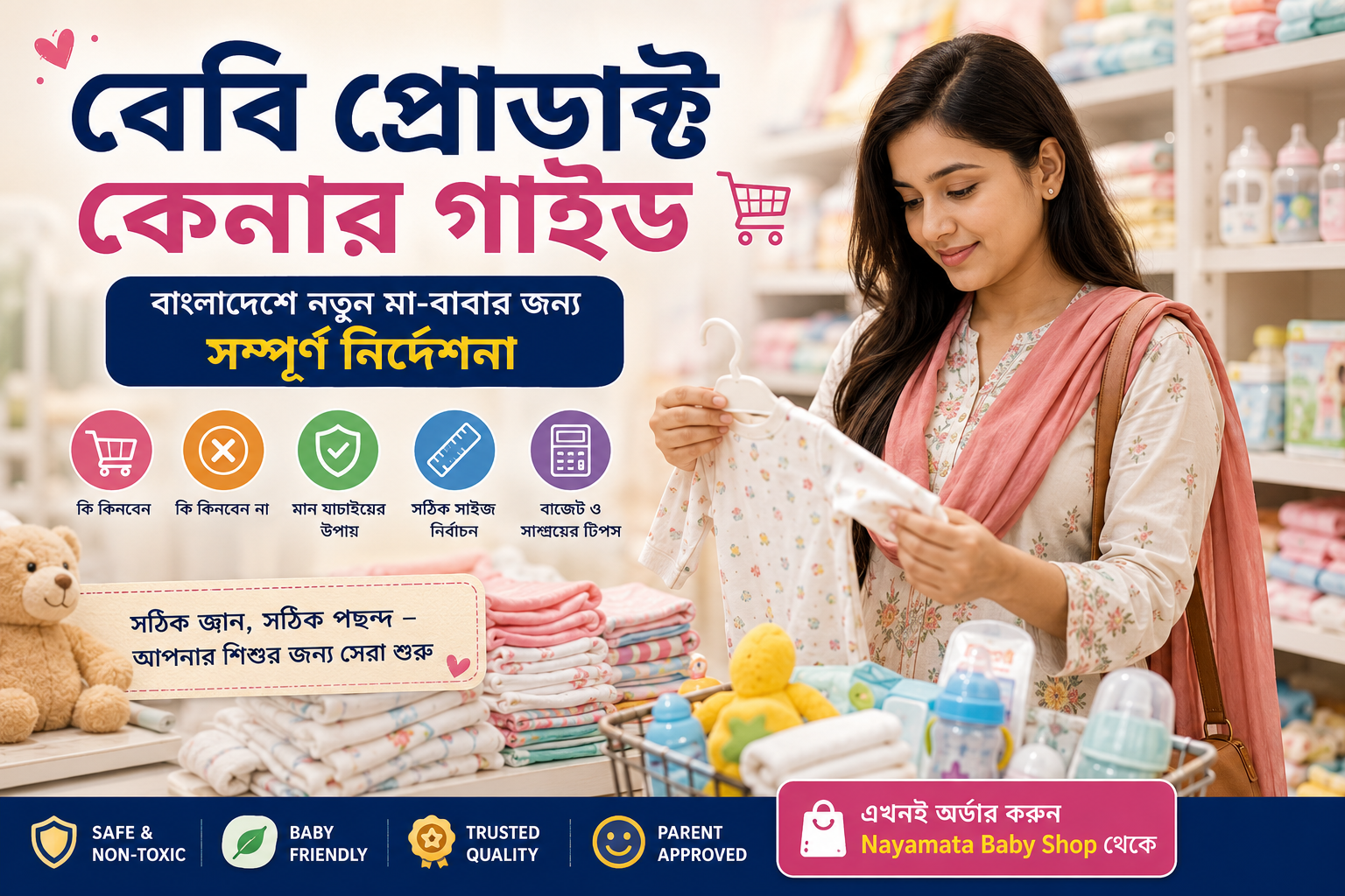 বেবি প্রোডাক্ট কেনার গাইড অনুসরণ করে দোকানে শিশুর কাপড় ও খেলনা বাছাই করছেন একজন বাংলাদেশি মা