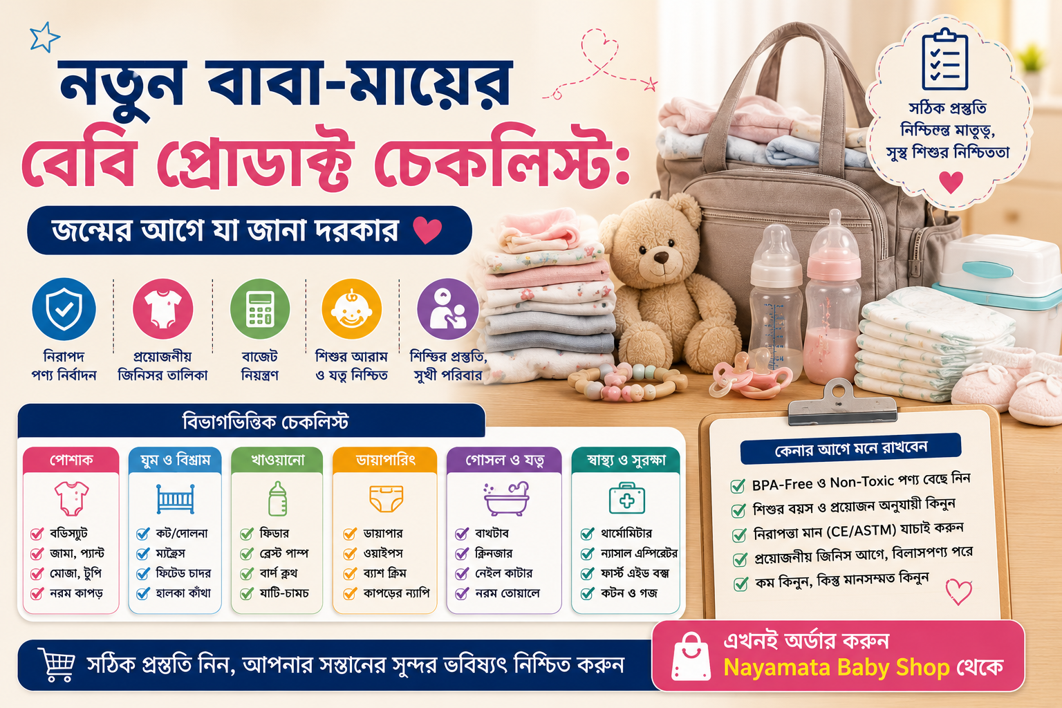 নতুন বাবা-মায়ের বেবি প্রোডাক্ট চেকলিস্ট মিলিয়ে ব্যাগে শিশুর জামা ও ডায়াপার গোছাচ্ছেন এক দম্পতি