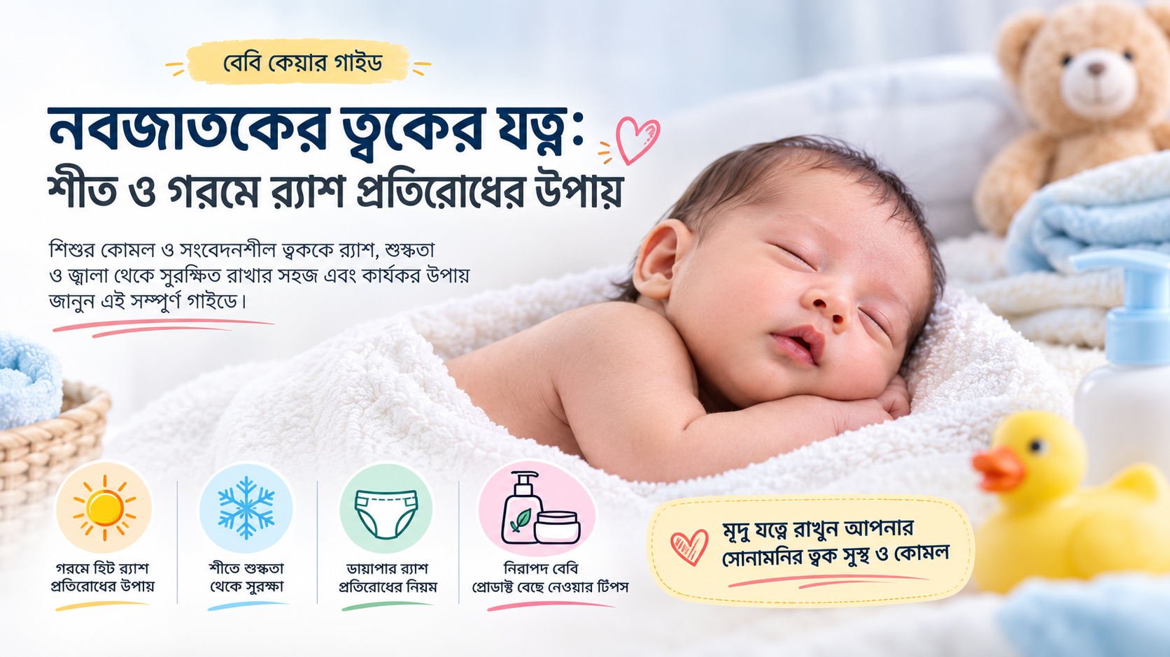 নবজাতকের ত্বকের যত্ন নিতে নরম তোয়ালে দিয়ে শিশুর গা মুছে দিচ্ছেন একজন মা