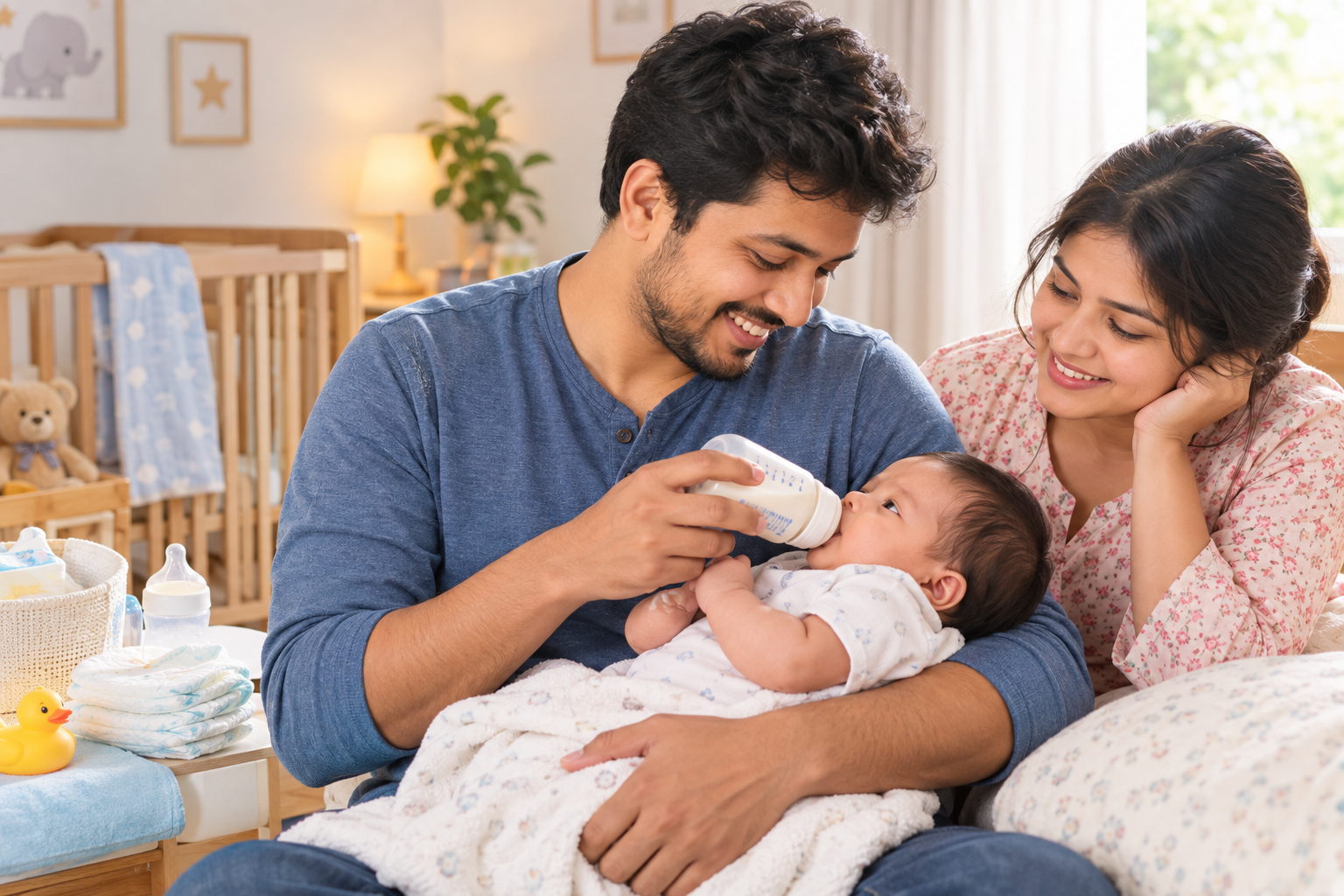 নবজাতককে কোলে নিয়ে সহায়তা করছেন একজন নতুন বাবা