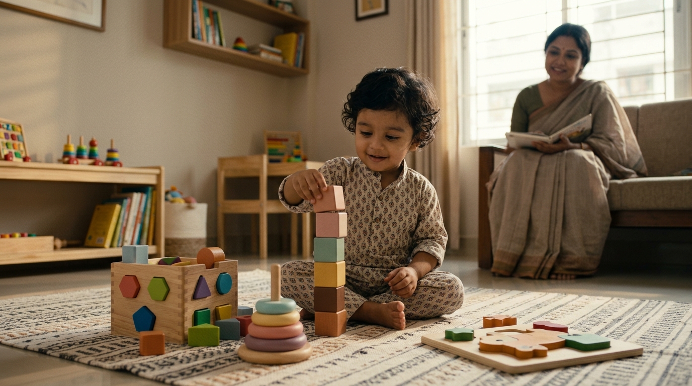 কাঠের এডুকেশনাল টয় নিয়ে খেলছে একটি শিশু