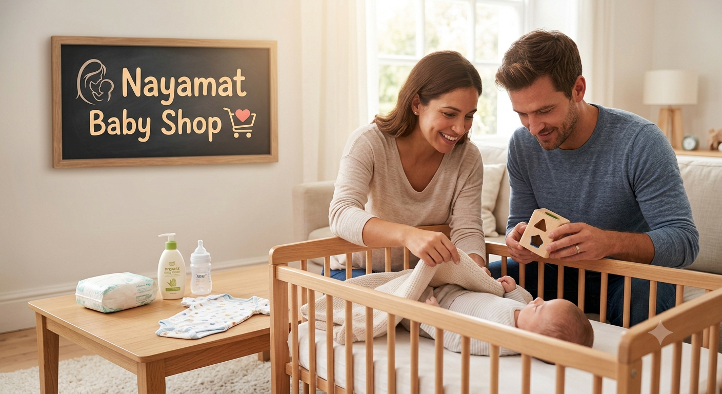 baby shop online in Bangladesh থেকে অর্ডার করা শিশুর খেলনা ও কেয়ার প্রোডাক্ট হাতে নিয়ে দেখছেন একজন মা