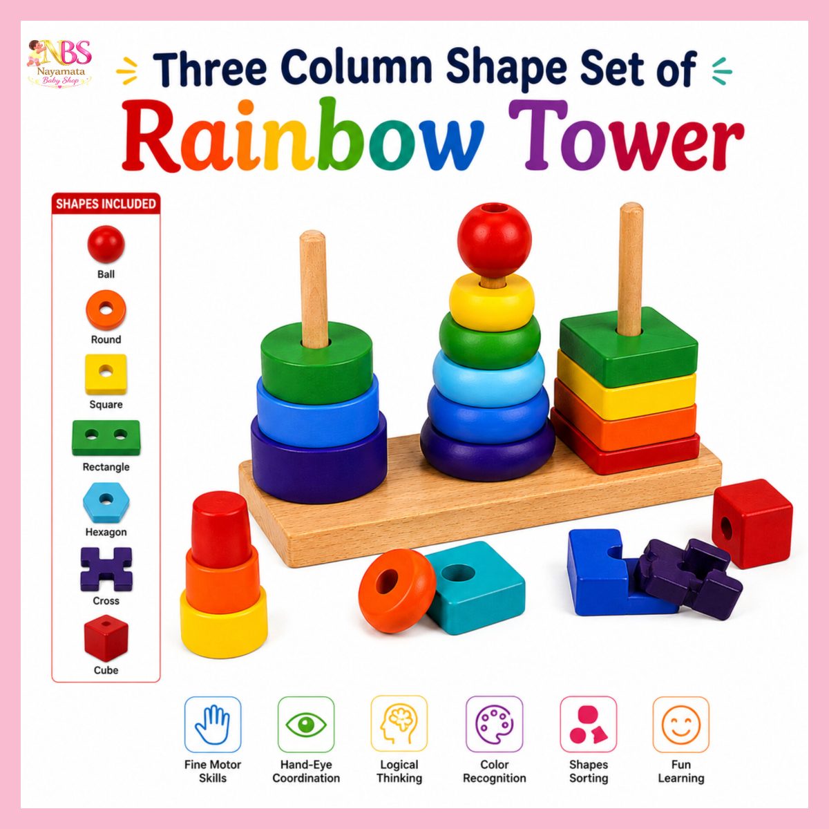 Three Column Shape Set Rainbow Tower BD wooden educational toy for kids