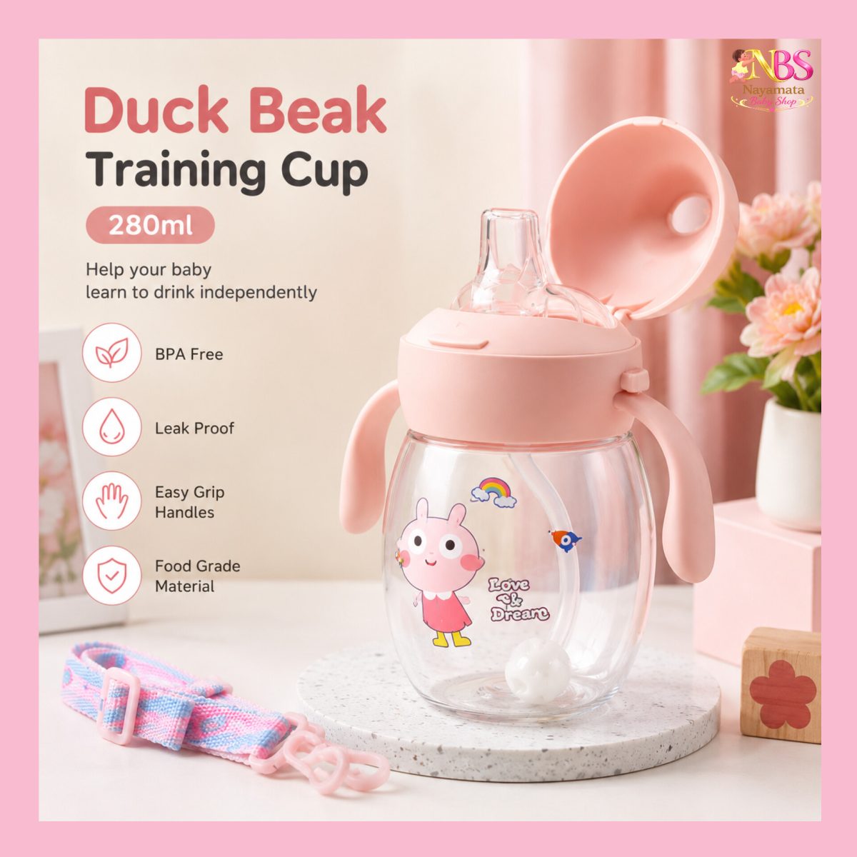 Premium Duck Beak Baby Training Straw Bottle with Handle 300ml – হাতল সহ শিশুর স্ট্র বোতল
