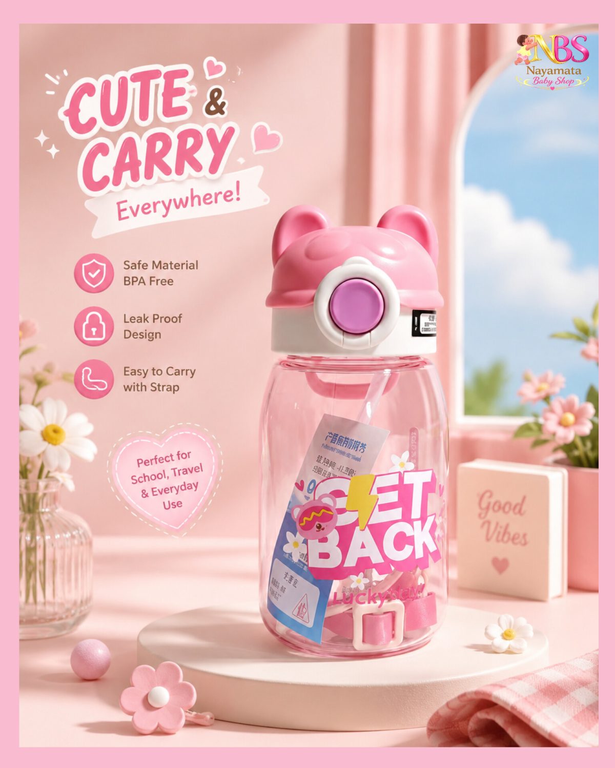 Cute panda baby straw bottle 620ml with handle