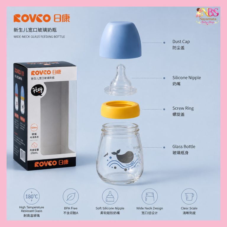 Rovco anti colic wide neck glass feeding bottle 150ml