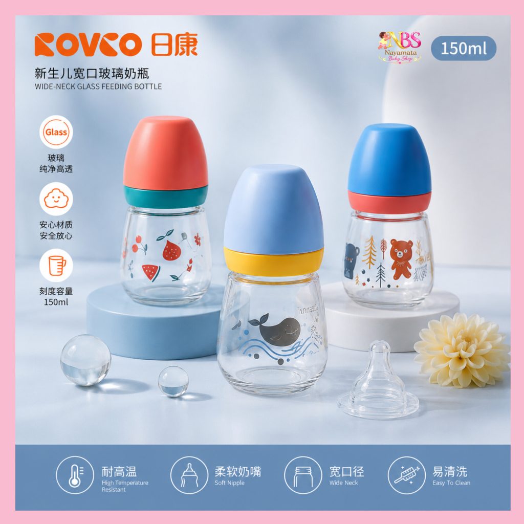Rovco anti colic wide neck glass feeding bottle 150ml