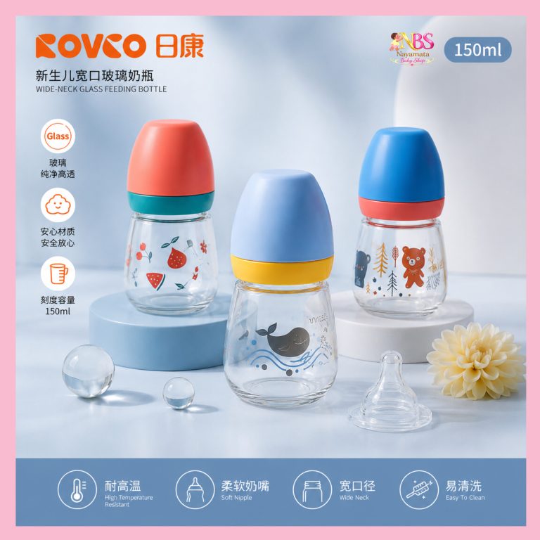 Rovco anti colic wide neck glass feeding bottle 150ml