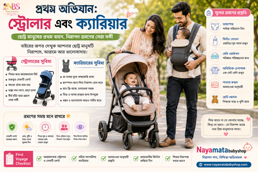 Baby stroller with newborn sitting safely enjoying first outdoor journey