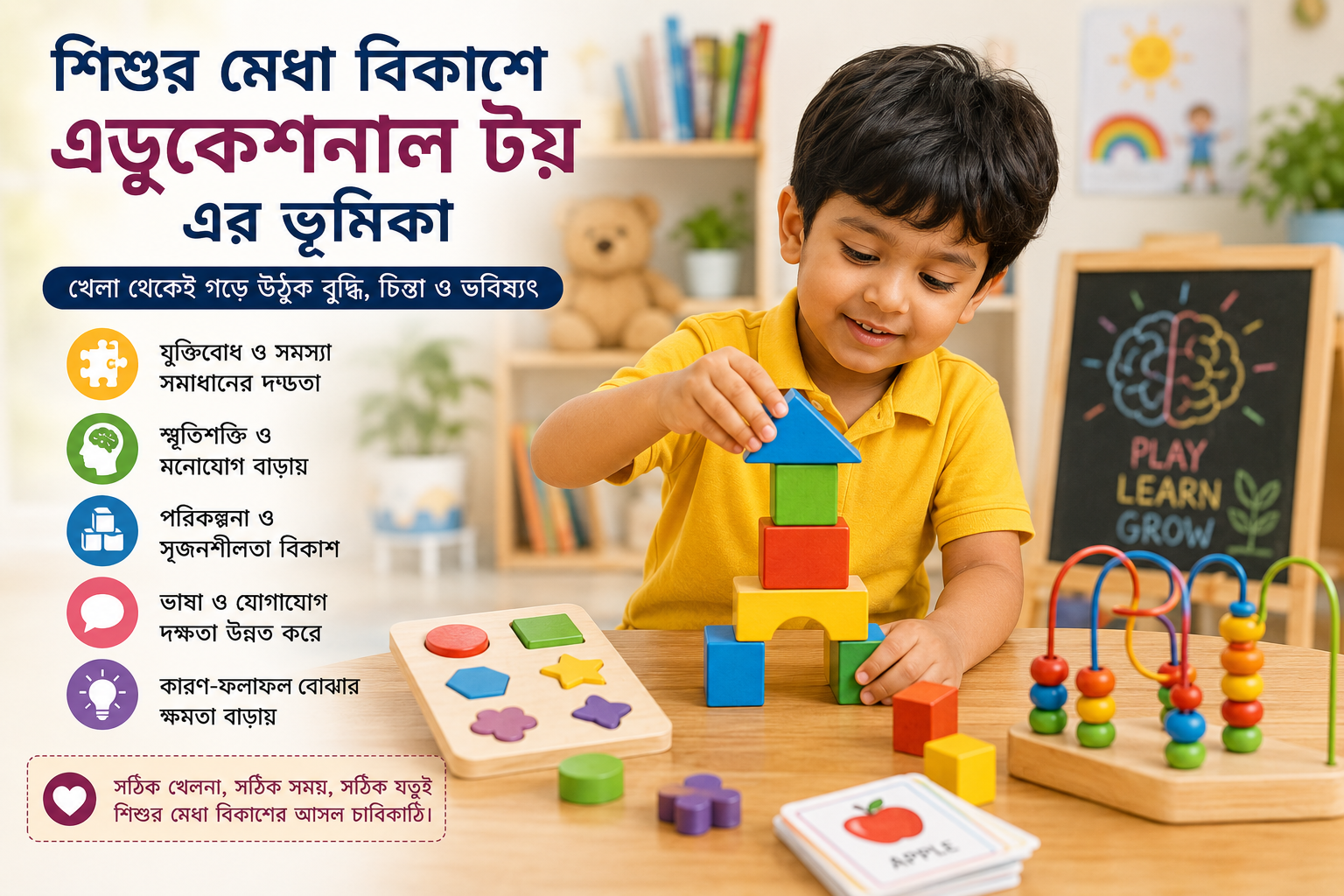 এডুকেশনাল টয় নিয়ে চিন্তাশীলভাবে খেলছে একটি শিশু