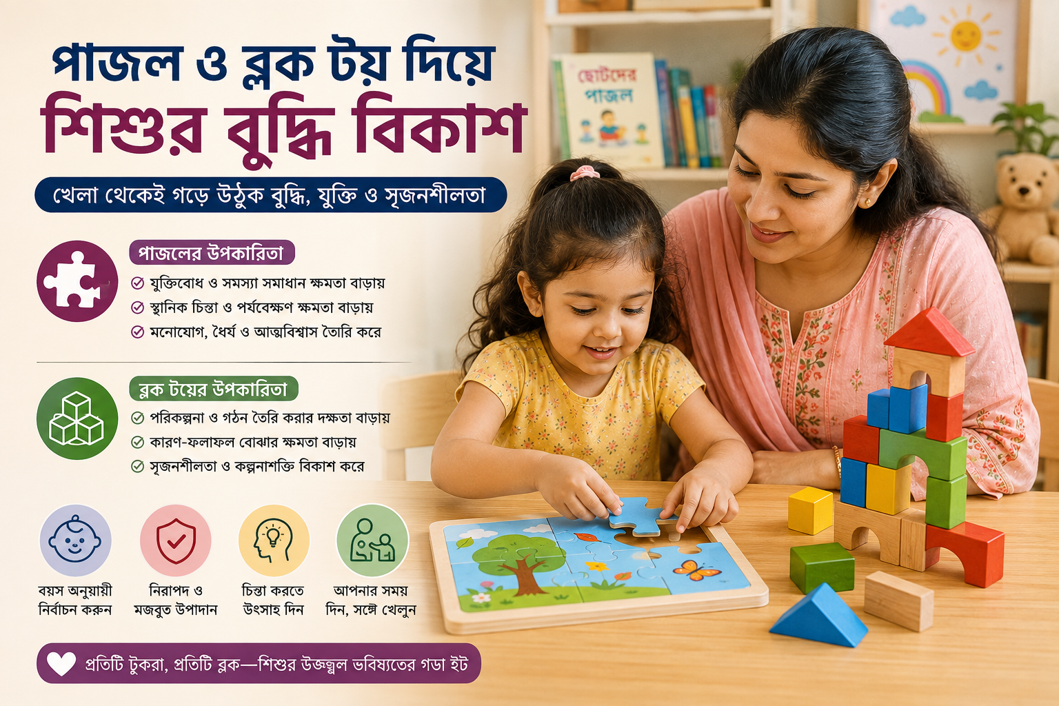 পাজল ও ব্লক টয় নিয়ে খেলছে একটি শিশু